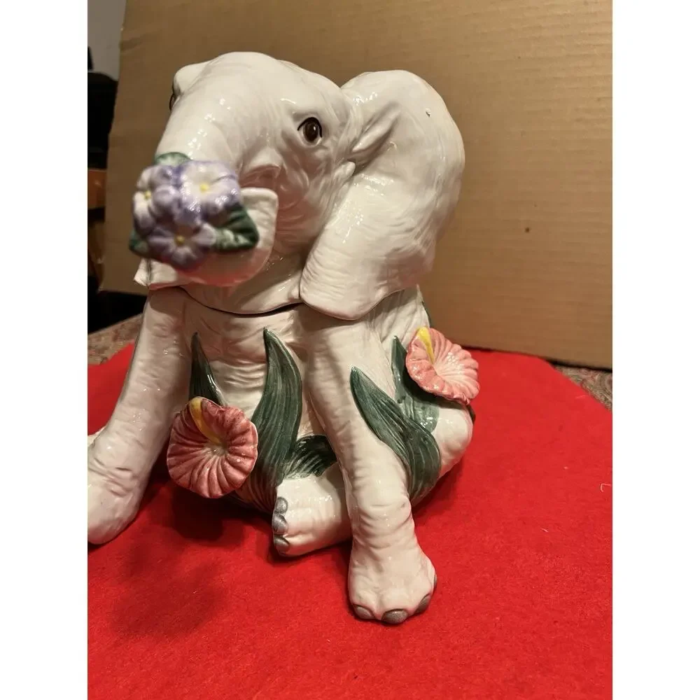 VINTAGE 1991 FITZ & FLOYD JUNGLE RAINFOREST COLLECTION WHITE ELEPHANT COOKIE JAR